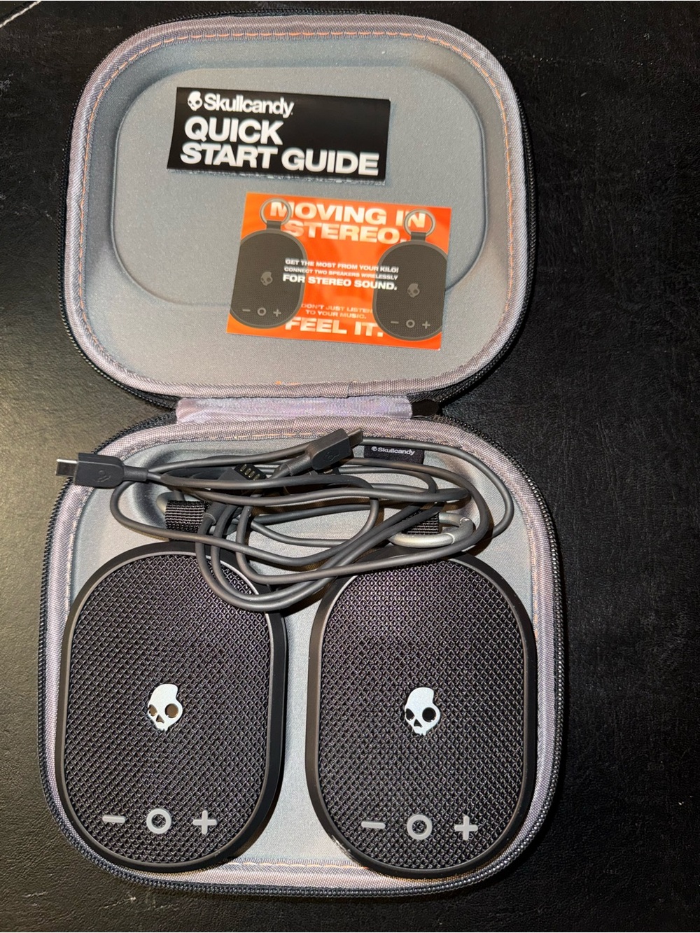 Skullcandy Portable Wireless Speakers in Black and Gray Carry Case